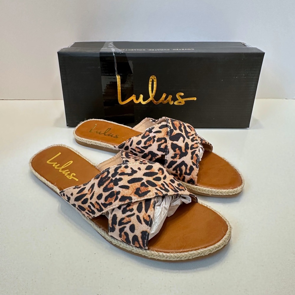 Lulus Koren Leopard Print Espadrille‎ Slide Sandals Womens Size 8 Tan Brown Flat